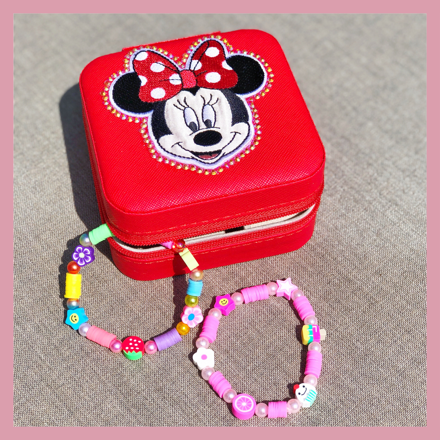 Custom Girl’s Jewelry Box | Red Minnie Case with Colorful Bracelets