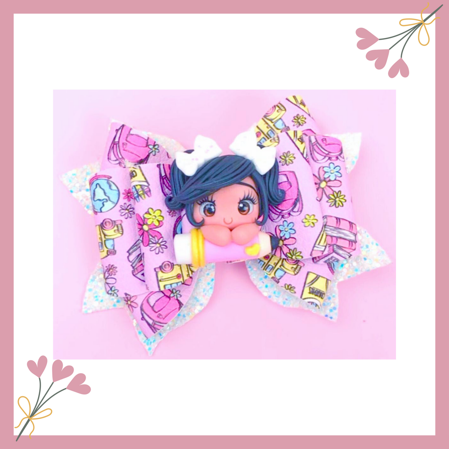Pink School Hair Bow - Back to School Hair Bow - School Hair Clips - Pencil Hair Bow