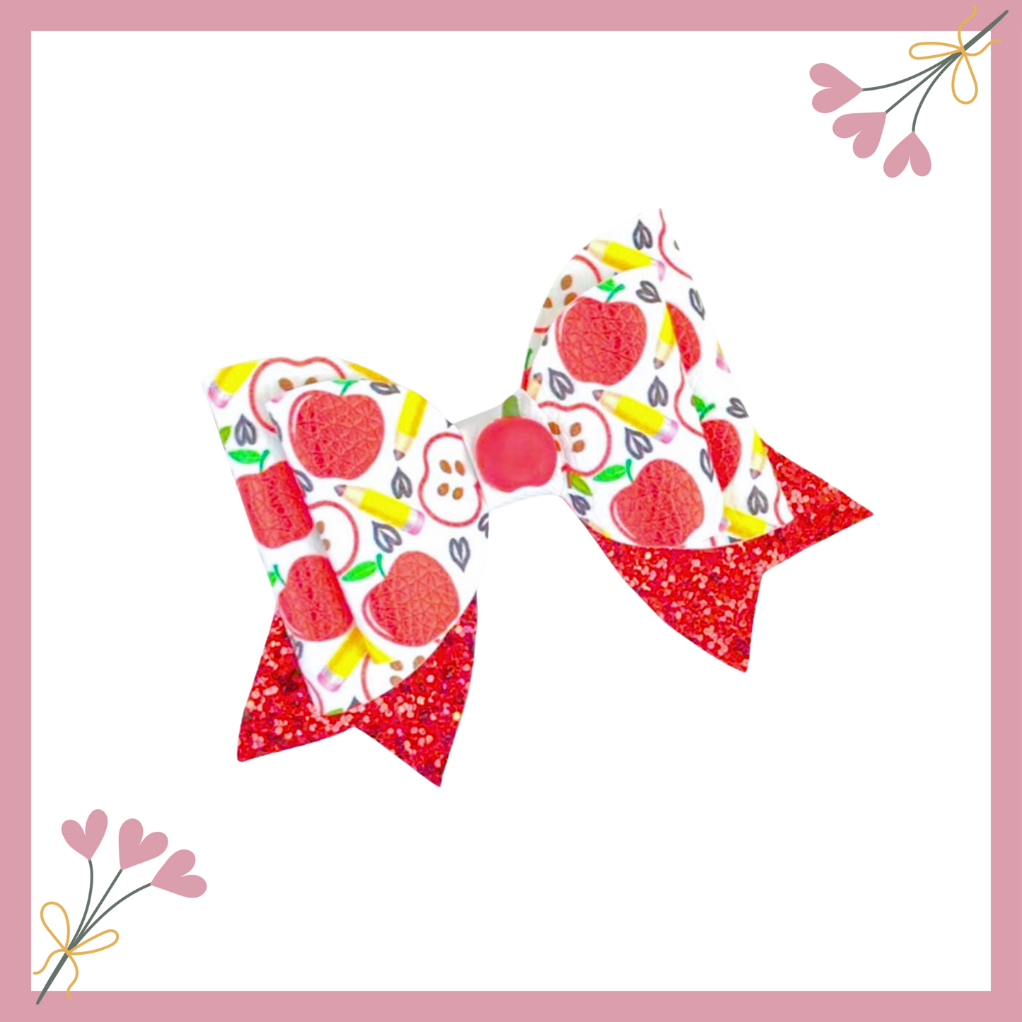 Back School Hair Bow | Apple Pigtail School Bows | Red Glitter School Clip