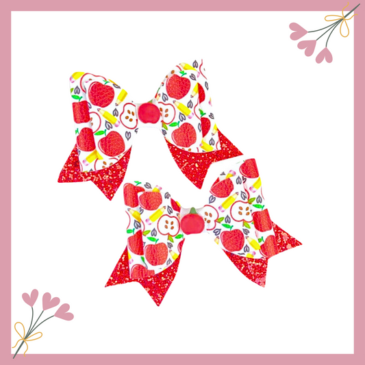 Back School Hair Bow | Apple Pigtail School Bows | Red Glitter School Clip